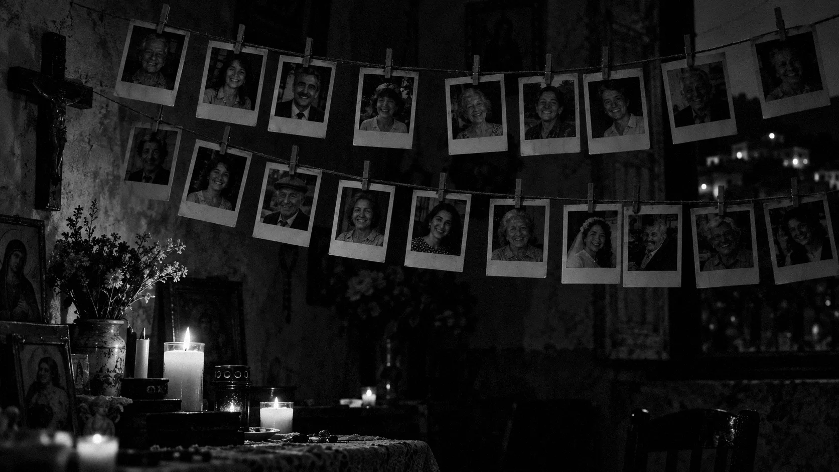Polaroid di volti sorridenti appese a un filo, tra candele e immagini sacre