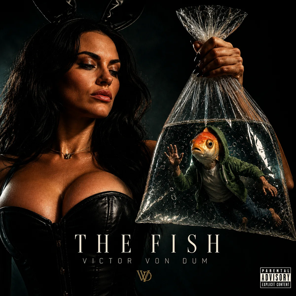 Cover di The Fish di Victor Von Dum: una donna in corsetto nero regge un sacchetto d’acqua con dentro un uomo dalla testa di pesce rosso